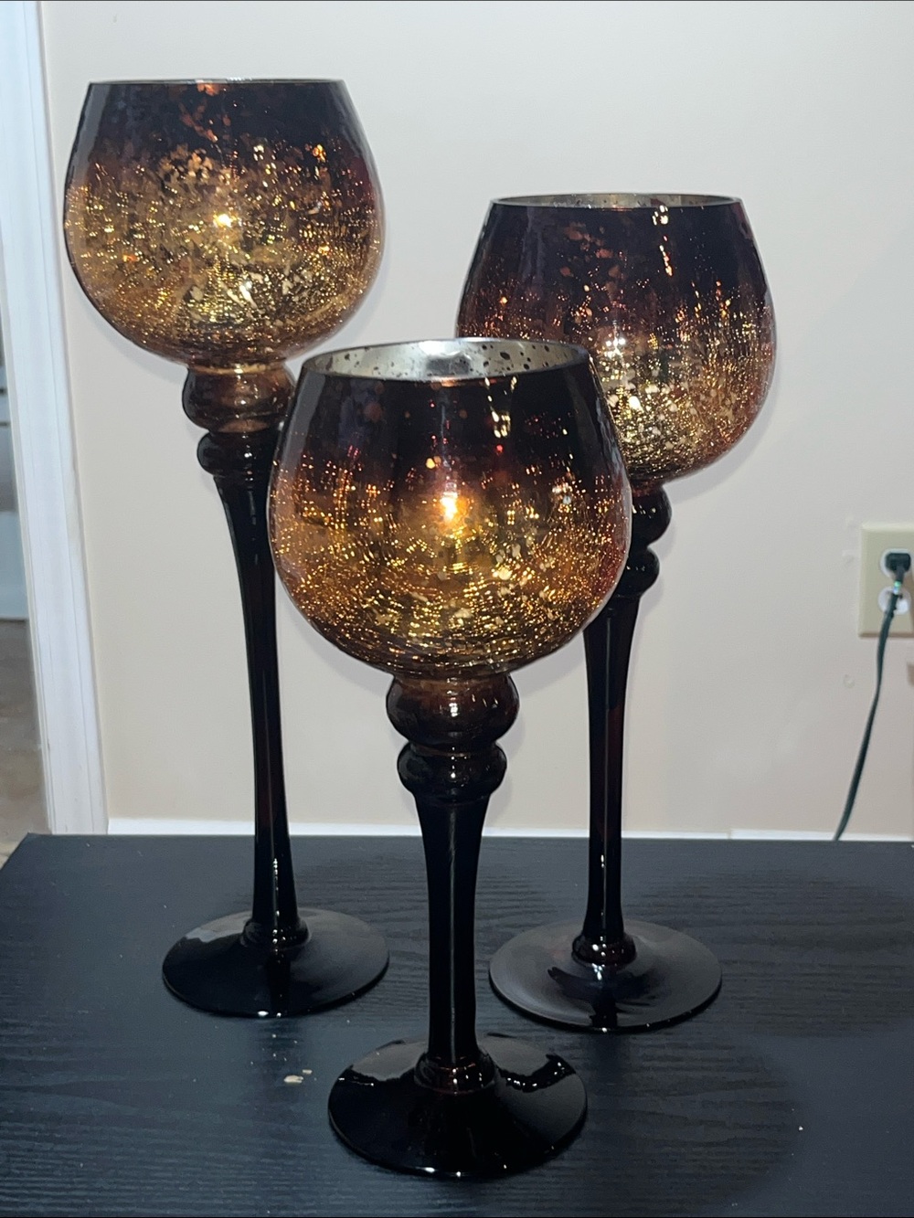 Decorative Amber Glass Candle Holders Set of 3 - Tall Stem Votives